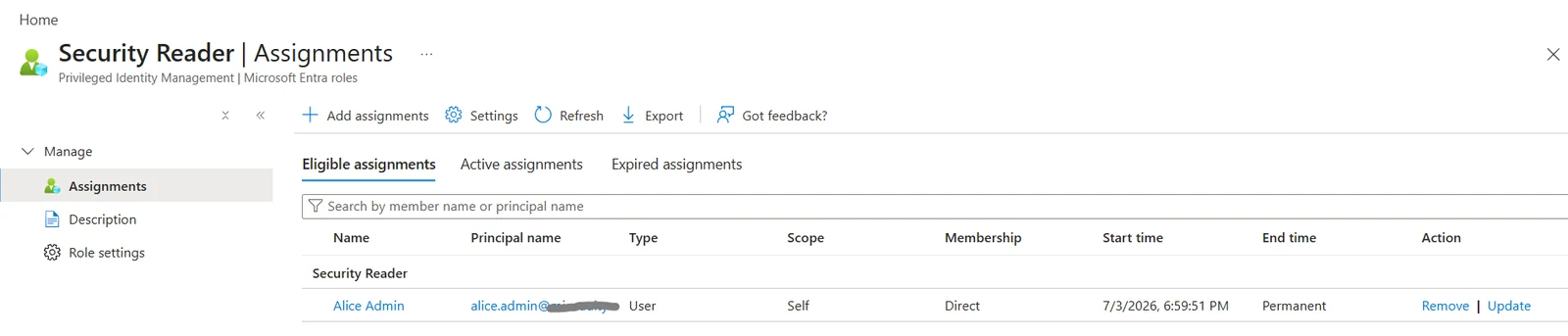 Entra ID Privileged Identity Management, Security Reader assignments, Eligible assignments tab: Alice Admin listed as a Direct, Permanent eligible assignment at Self scope, with the tenant domain redacted.