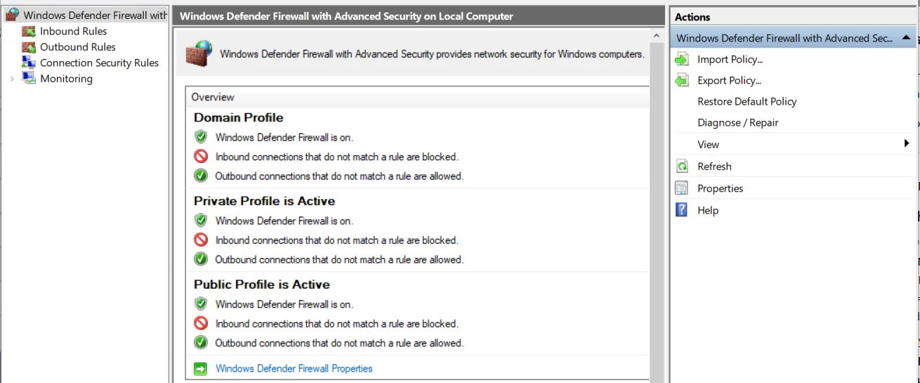 Windows Defender Firewall with Advanced Security console showing the Domain, Private, and Public profiles all enabled, with inbound connections blocked by default — the exported evidence for the firewall control.
