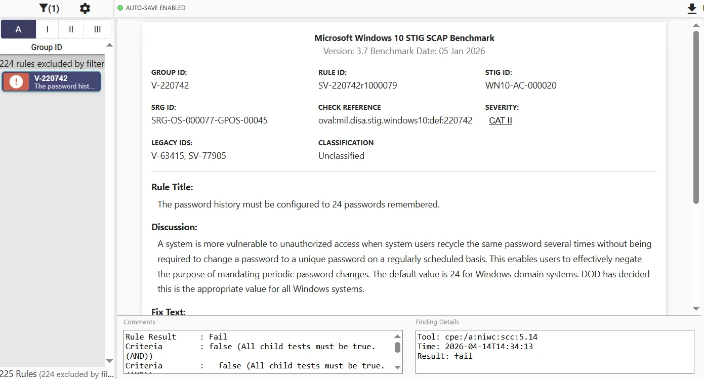 STIG Viewer detail view for rule V-220742, WN10-AC-000020, 'The password history must be configured to 24 passwords remembered,' showing a failed result with its CAT II severity and full remediation text.